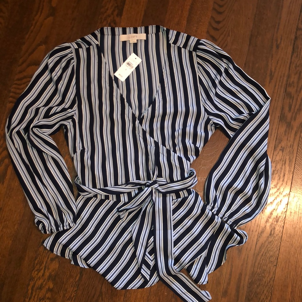 LOFT navy striped long sleeve wrap blouse